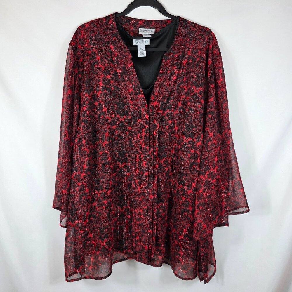 Maggie Barnes for Catherines Blouse Women's Size 3X Red & Black Paisley 2-Piece